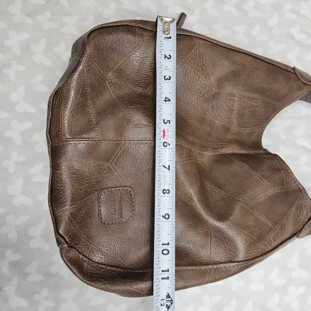 Jingpin Piju Brown Vegan Leather Patchwork Slouchy Hobo Shoulder Bag Boho Y2K